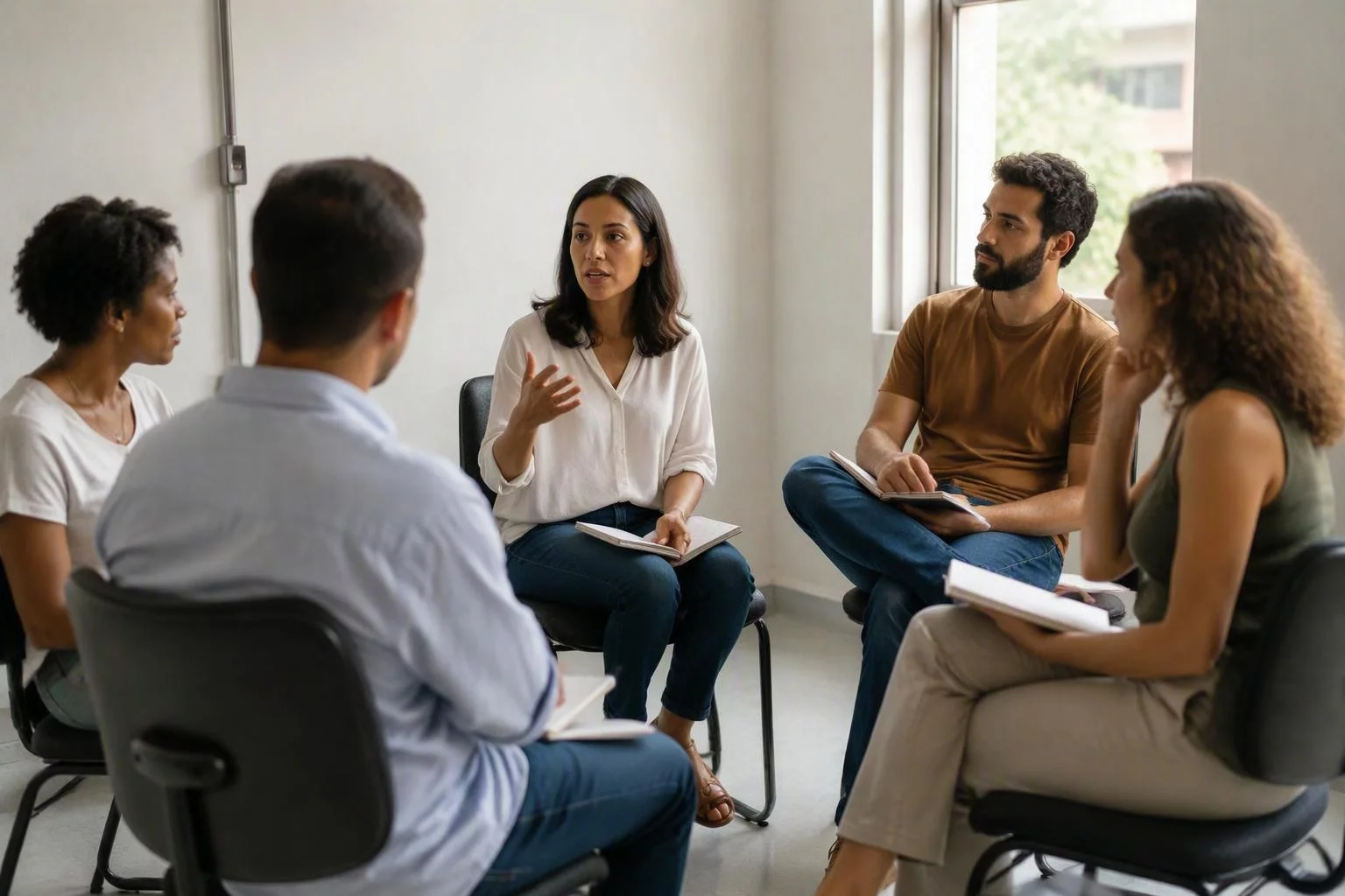 Equipe pequena sentada em círculo numa sala clara de reunião