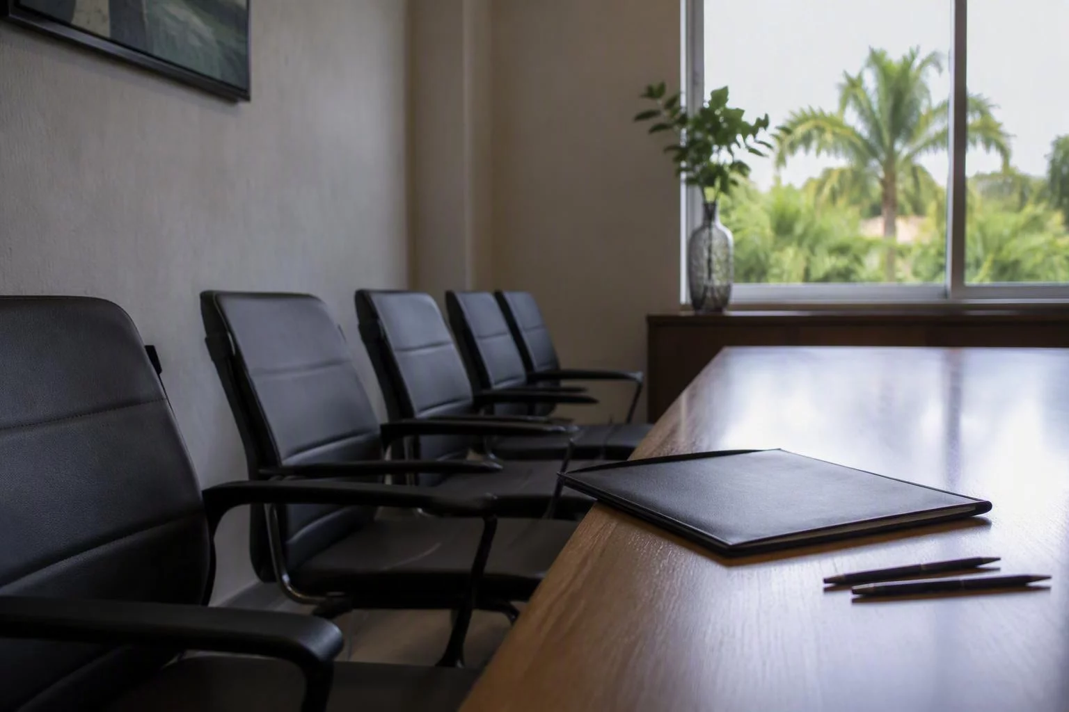 Fileira de cadeiras vazias diante de uma mesa de reunião