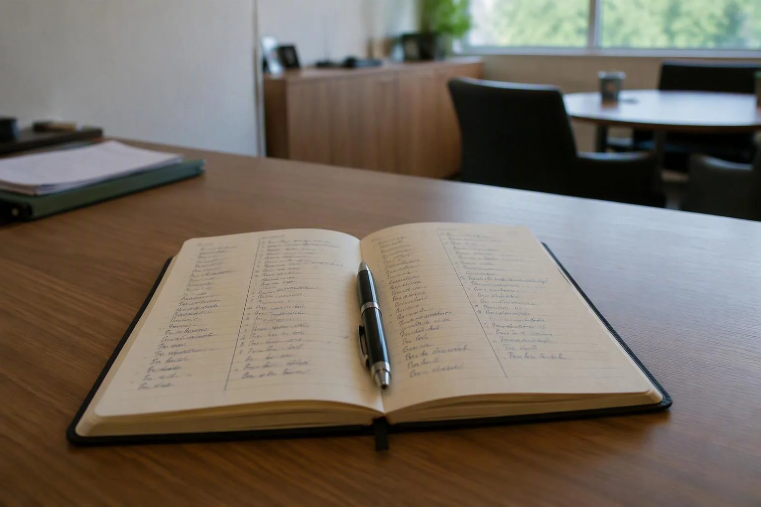 Caderno aberto com a lista de áreas e responsáveis anotada à mão